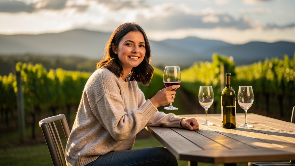 Young dark-haired woman enjoying red wine at an outdoor Virginia winery table with vineyard and mountain views