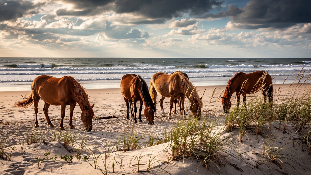 Wild ponies of Assateague Island grazing on the beach beside the Atlantic Ocean with dramatic coastal sky