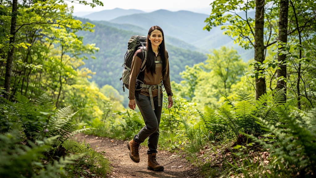 Young woman with dark hair hiking the Appalachian Trail in Virginia, wearing backpack in lush green forest