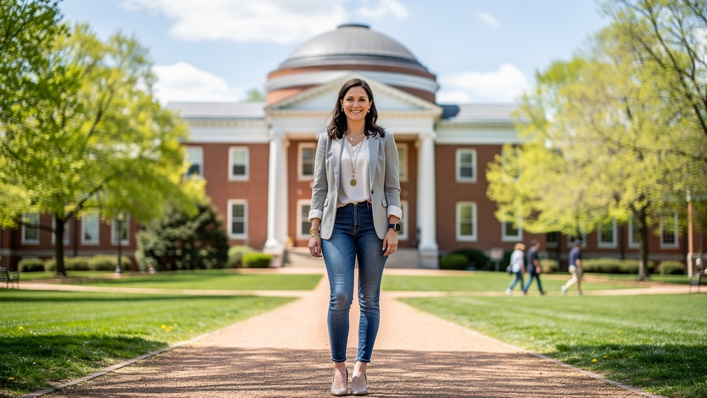 Young woman with dark hair smiling on the historic University of Virginia grounds on a spring day