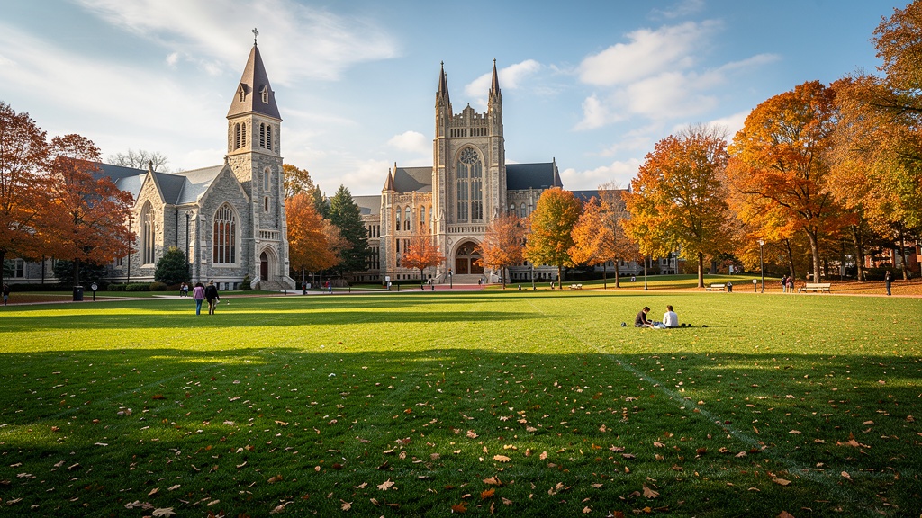 Virginia Tech campus in Blacksburg with Burruss Hall and the Drillfield in autumn