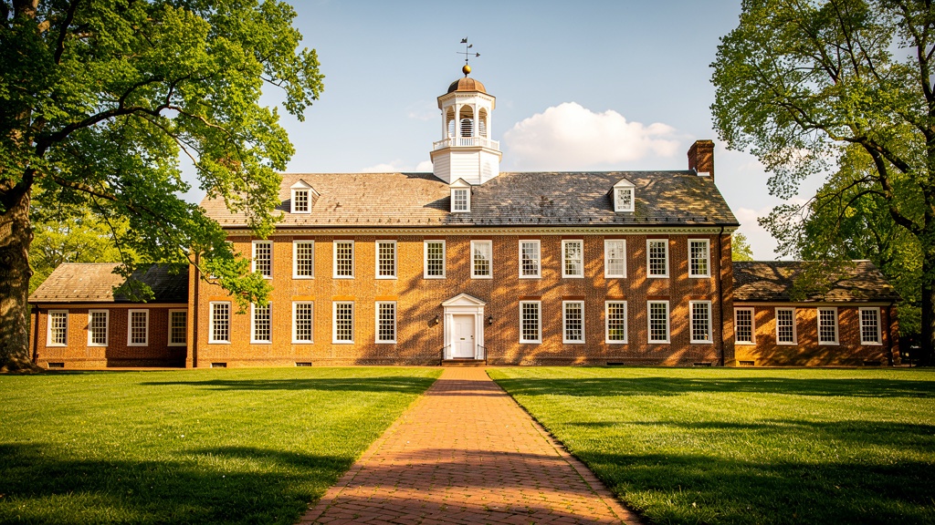The historic Wren Building at College of William and Mary in Williamsburg Virginia with colonial brick architecture